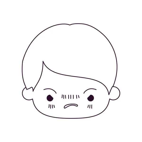 Silhouette monochrome de kawaii tête de petit garçon avec expression faciale en colère — Image vectorielle