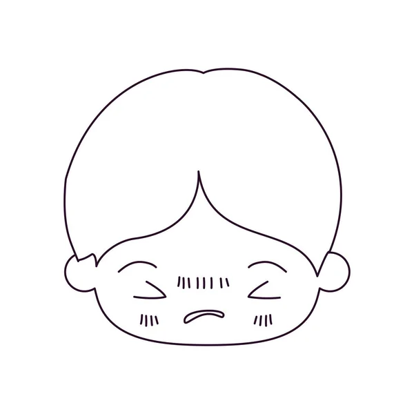 Silhouette monochrome de kawaii tête de petit garçon avec expression faciale en colère avec les yeux fermés — Image vectorielle