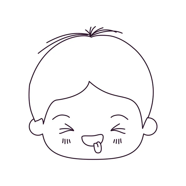 Silhueta monocromática da cabeça kawaii de menino com expressão facial engraçada com olhos fechados —  Vetores de Stock