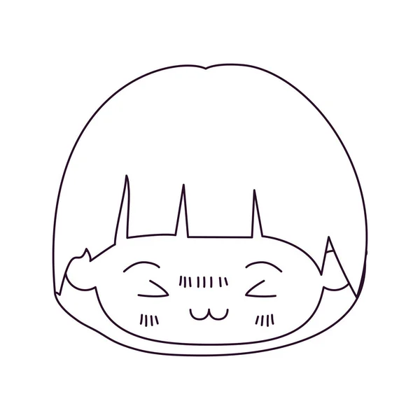 Silhueta monocromática da cabeça kawaii de menino com penteado de cogumelo e expressão facial furiosa em close-up —  Vetores de Stock
