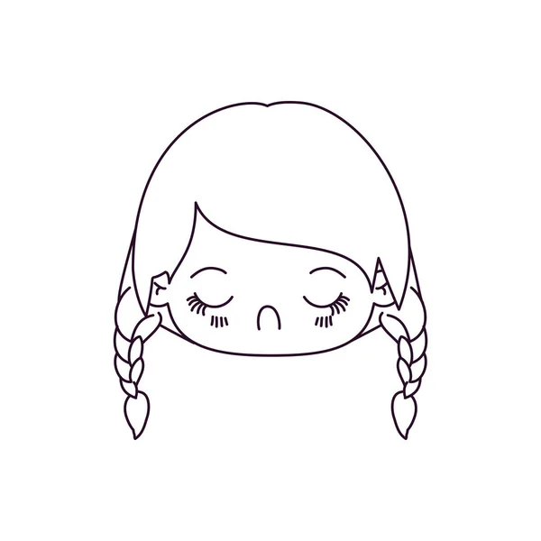 Silhueta monocromática de kawaii cabeça menina com cabelo trançado e expressão facial nojo — Vetor de Stock