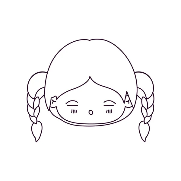 Tek renkli kawaii silüeti baş örgülü saç ve yüz ifadesi yorgun ile küçük kız — Stok Vektör