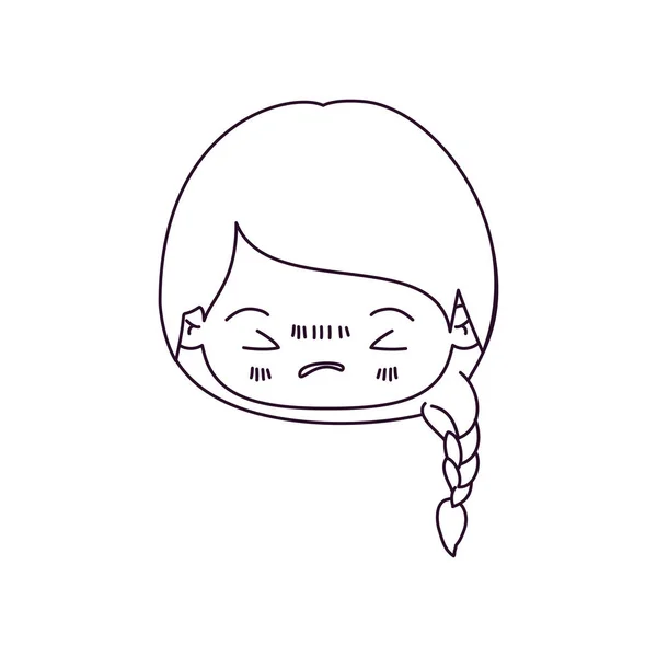 Monokrom silhuetten av kawaii huvud liten flicka med flätor och ansiktsuttryck som är arg med slutna ögon — Stock vektor
