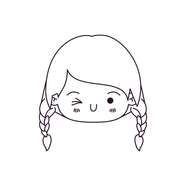 Silueta monocromática de la cabecita kawaii niña con pelo trenzado y expresión facial ojo guiño — Vector de stock