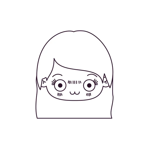 Silueta monocromática de la cabeza kawaii de niña linda con el pelo liso y la expresión facial deprimida — Vector de stock