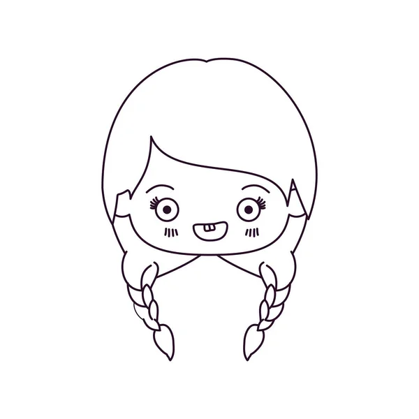 Silhouette monochrome de kawaii tête de mignonne petite fille aux cheveux tressés et souriant — Image vectorielle