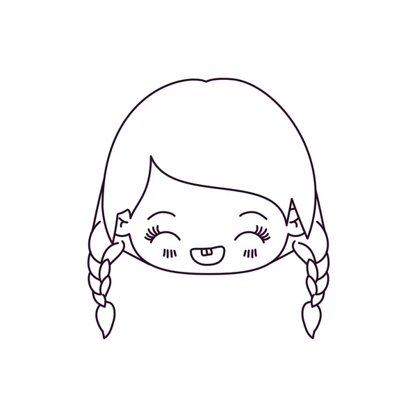 Silhueta monocromática de kawaii cabeça menina com cabelo trançado e expressão facial rindo —  Vetores de Stock