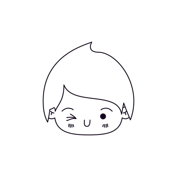 Monochrome silhouette of facial expression wink eye kawaii little boy — Stock Vector