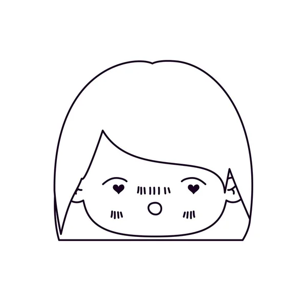 Silueta monocromática de expresión facial enamorada niña kawaii con pelo corto — Archivo Imágenes Vectoriales