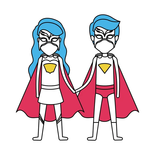 Warna siluet dengan duo superhero bersatu dari tangan dan dia dengan rambut bergelombang panjang - Stok Vektor