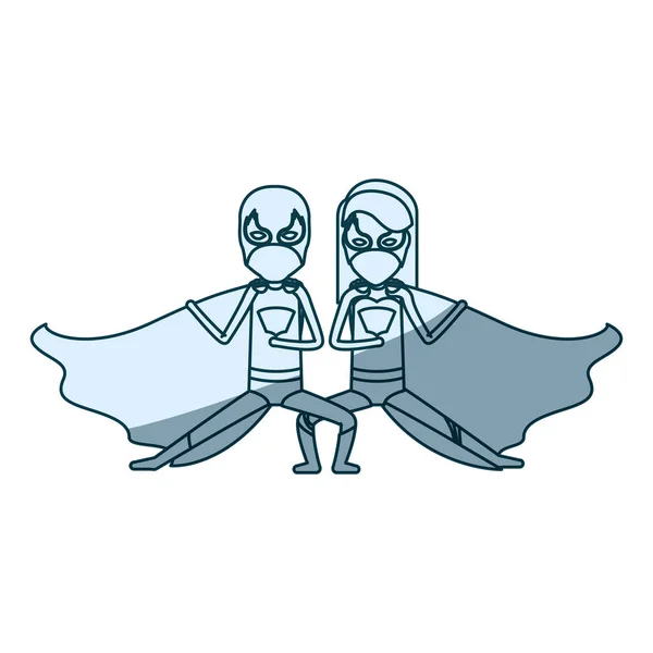 Modrá silueta s duo superhrdinové v obranné pozice a její rovné dlouhé vlasy — Stockový vektor