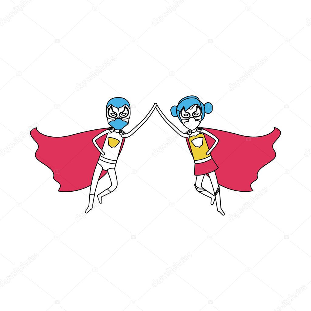 color silhouette with duo of superheroes flying united of the hands and her with collected hair