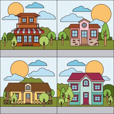 kırsal köy grafik kümesi ile renkli doğal peyzaj