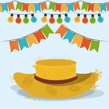 renkli poster festa junina şapka ve desen ayçiçeği yıldızlı arka plan ile