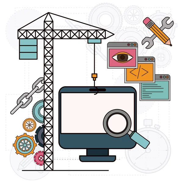 Fundo com guindaste e computador de mesa para o desenvolvimento da construção —  Vetores de Stock