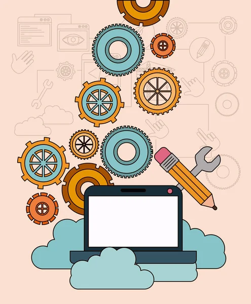 Hintergrund mit Laptop-Computer und Cloud-Speicherdienst — Stockvektor