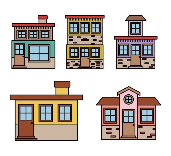 Fundo com conjunto colorido de casas fachadas — Vetor de Stock