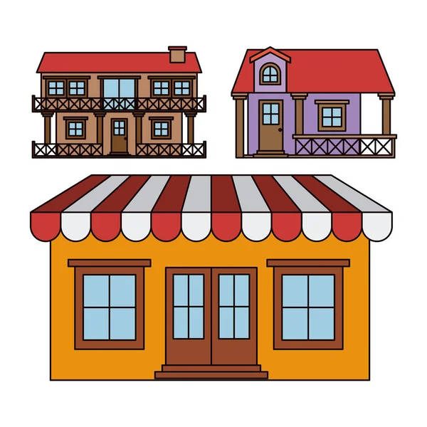 Fond avec ensemble coloré de maisons de balcon et maison avec parasol — Image vectorielle