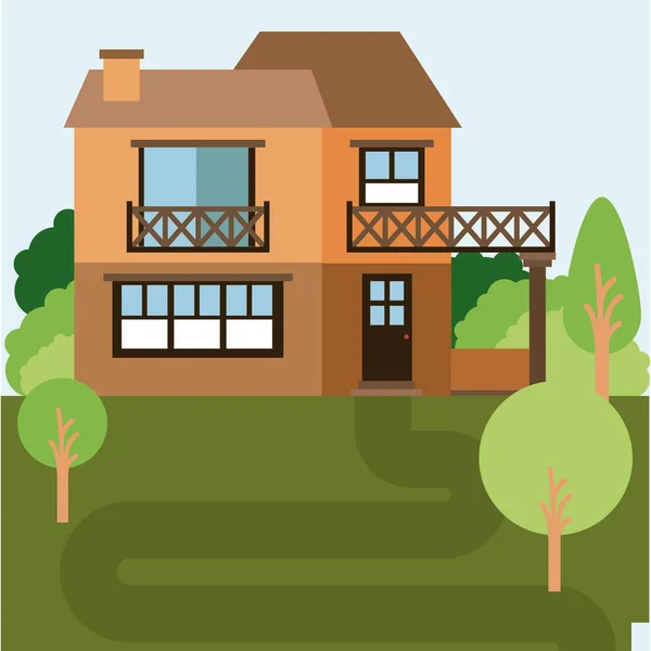 Paysage naturel coloré avec maison de campagne de deux étages et balcon — Image vectorielle