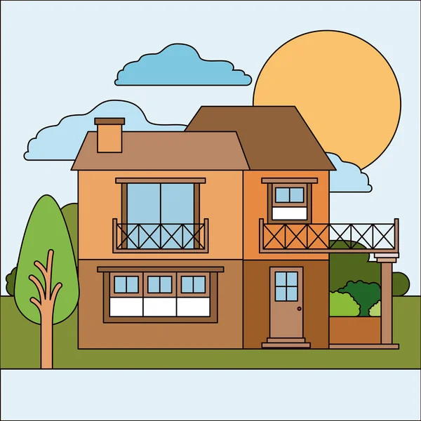 Colorful natural landscape with country house of two floors and balcony on sunny day — Stock Vector