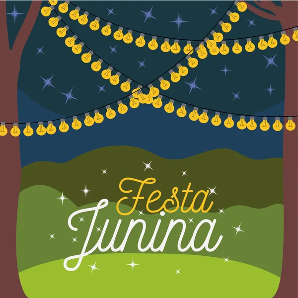 Színes plakát festa junina éjszakai háttér szabadban, és dekoratív világítás — Stock Vector