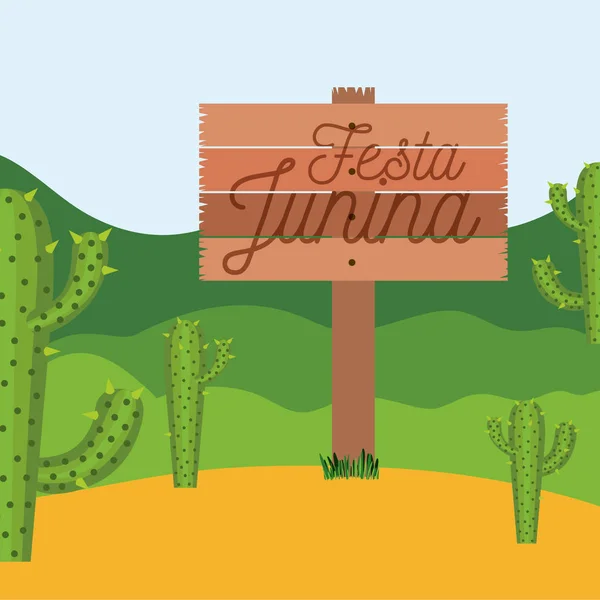 Красочный плакат festa junina в деревянном заборе на заднем плане с кактусом поле — стоковый вектор