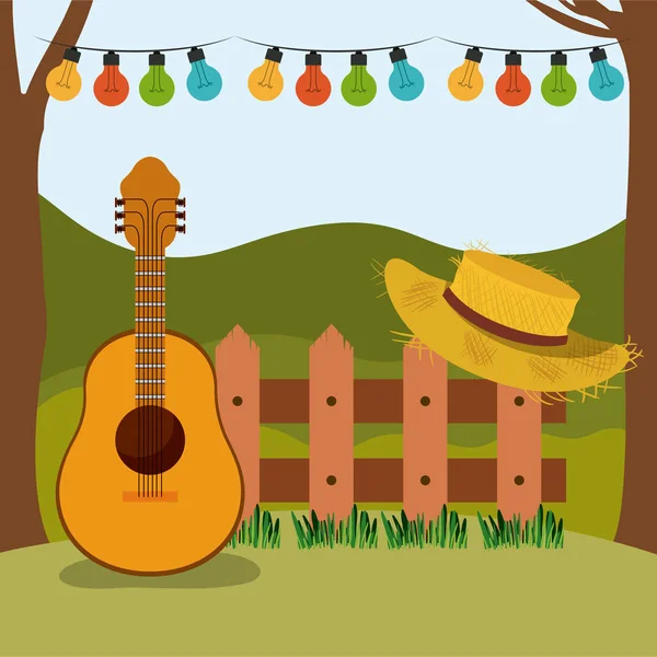 Fondo colorido de festa junina con paisaje rural y barandilla de madera con guitarra y sombrero — Vector de stock