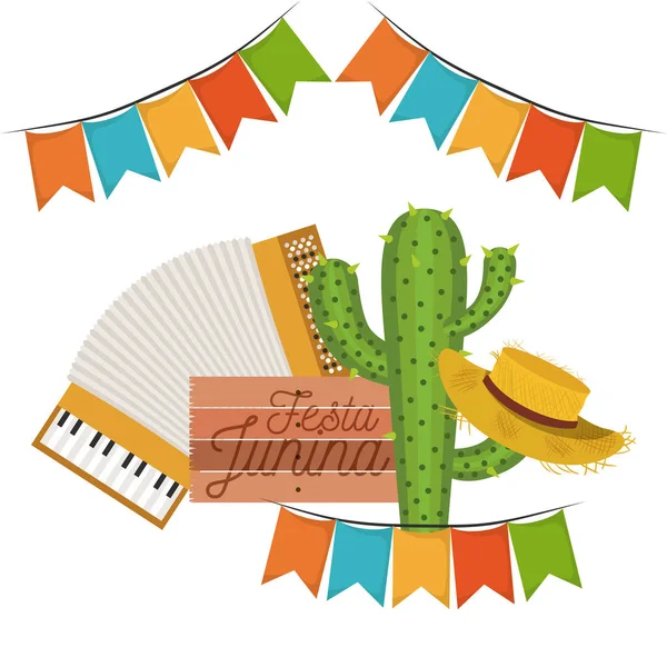 Fehér háttér, a kaktusz és a kalap és a harmonika-festa junina — Stock Vector