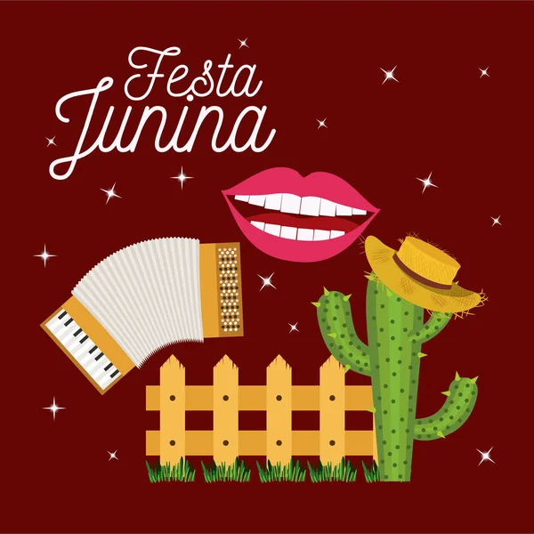 Színes plakát festa junina csillagos háttérrel és fából készült korlát, kaktusz, kalap — Stock Vector