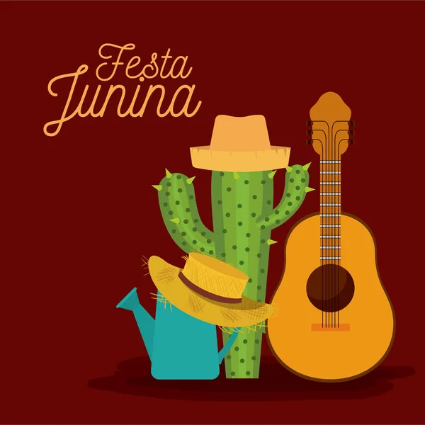 Színes plakát festa junina háttérrel, gitár és a cactus és a kalap — Stock Vector