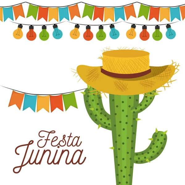 Fehér háttér poszter festa junina, kaktusz, kalap és girlandok és dekoratív világítás — Stock Vector