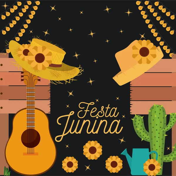 Kaktusz-gitár, a kalap és a napraforgó, a festa junina éjszakai háttér-poszter — Stock Vector