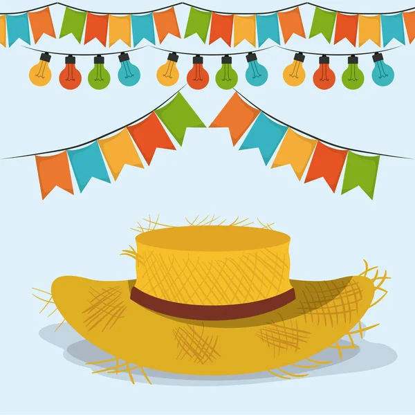 Colorido cartaz festa junina com fundo estrelado com chapéu e padrão de girassóis — Vetor de Stock