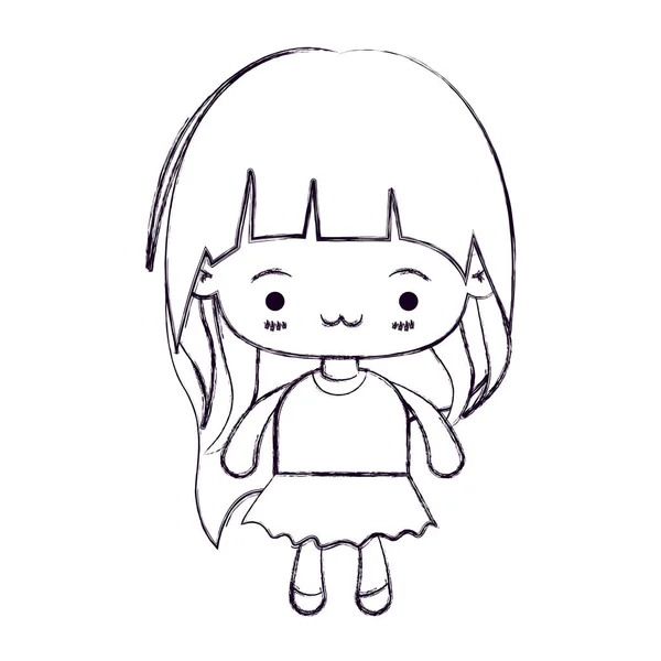 Silueta delgada borrosa de niña kawaii con el pelo largo y la expresión facial agotada — Vector de stock