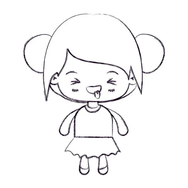 Silueta delgada borrosa de niña kawaii con el pelo recogido y la expresión facial desagradable — Archivo Imágenes Vectoriales