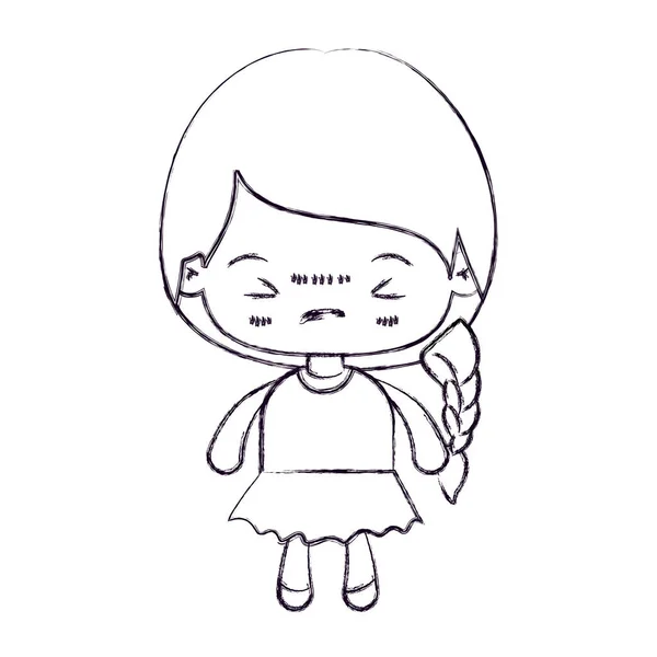 Silueta delgada borrosa de niña kawaii con cabello trenzado y expresión facial enojada con los ojos cerrados — Vector de stock