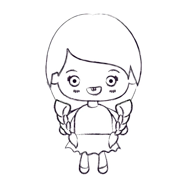 Silueta delgada borrosa de niña kawaii con el pelo trenzado y sonriente — Vector de stock