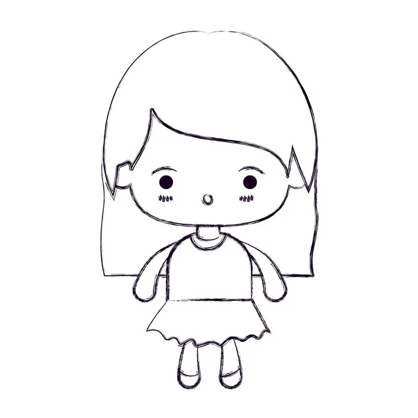 Silueta delgada borrosa de niña kawaii con pelo liso y expresión facial sorprendida — Vector de stock