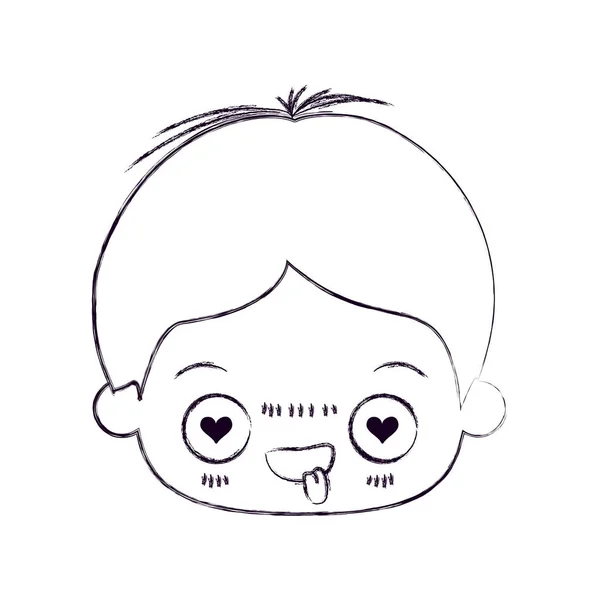 Silueta delgada borrosa de la cabeza kawaii de niño pequeño con expresión facial en el amor — Vector de stock
