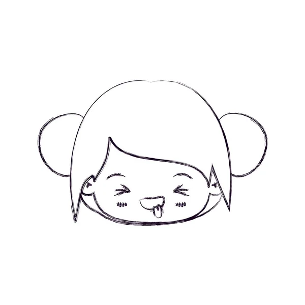 Silueta delgada borrosa de la cabeza kawaii niña con el pelo recogido y la expresión facial desagradable — Vector de stock