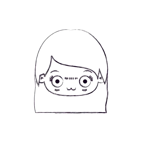 Silueta delgada borrosa de la cabeza kawaii de niña linda con pelo liso y expresión facial deprimida — Vector de stock