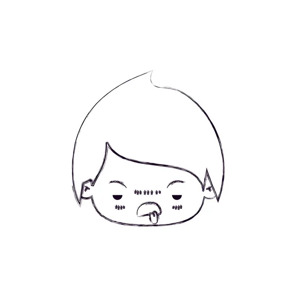 Silueta delgada borrosa de la cabeza kawaii de niño pequeño con expresión facial desagradable — Vector de stock