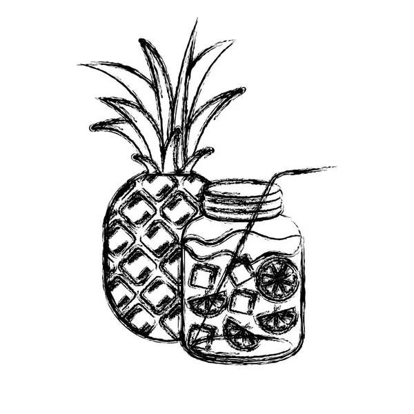 Silhouette épaisse floue d'ananas et bouteille avec boisson aux agrumes — Image vectorielle