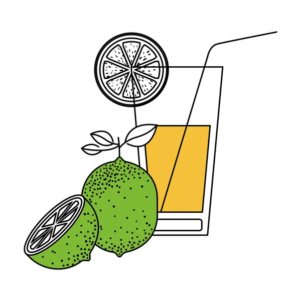 Sezione colore silhouette della bevanda cocktail con fetta di limone e paglia — Vettoriale Stock