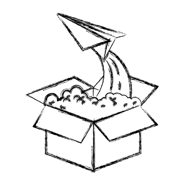 Černobílý tisk rozmazaný silueta lepenkové krabice a papírové letadlo létající — Stockový vektor