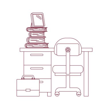 koyu kırmızı çizgi kontur masa sandalye ve kitaplar ile ev