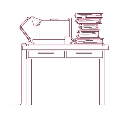iş yerinde ofis iç dizüstü bilgisayar ve lamba ve yığın kitap ile koyu kırmızı çizgi kontur