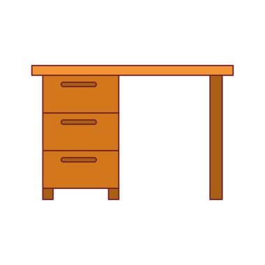 ahşap Ofis Masası ile çekmeceler koyu kırmızı çizgi kontur ile renkli grafik