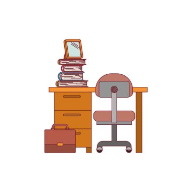 masa sandalye ve koyu kırmızı çizgi kontur kitaplarla birlikte eve renkli grafik