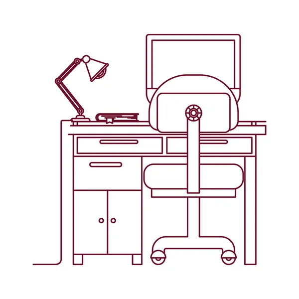 Contour de ligne rouge foncé de la maison de bureau avec chaise et lampe et ordinateur de bureau — Image vectorielle